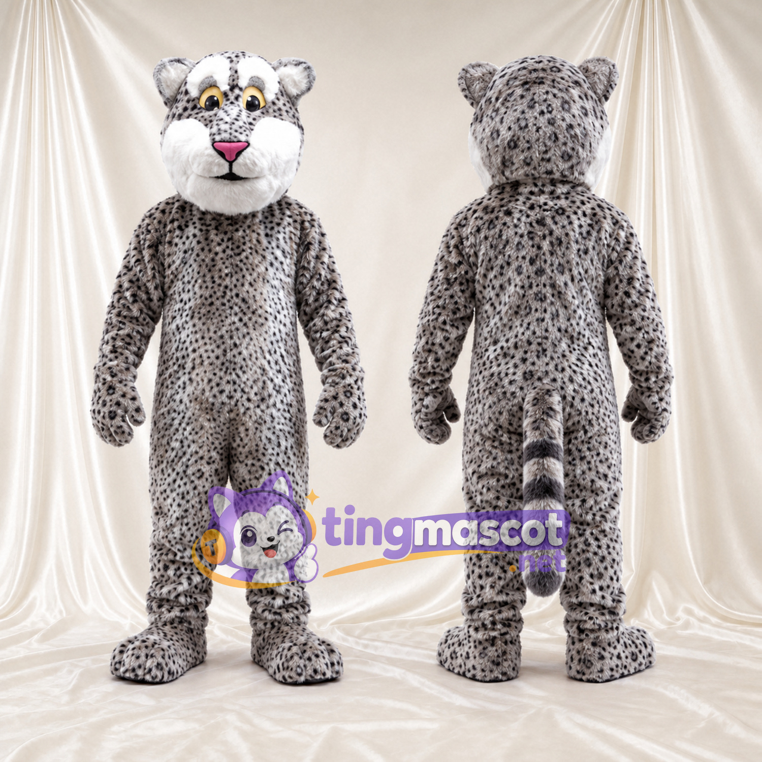 Costume de mascotte Léopard – gris – Ventre (blanc); Queue rayée (blanc) Costume de mascotte Léopard – gris – Ventre (blanc); Queue rayée (blanc)