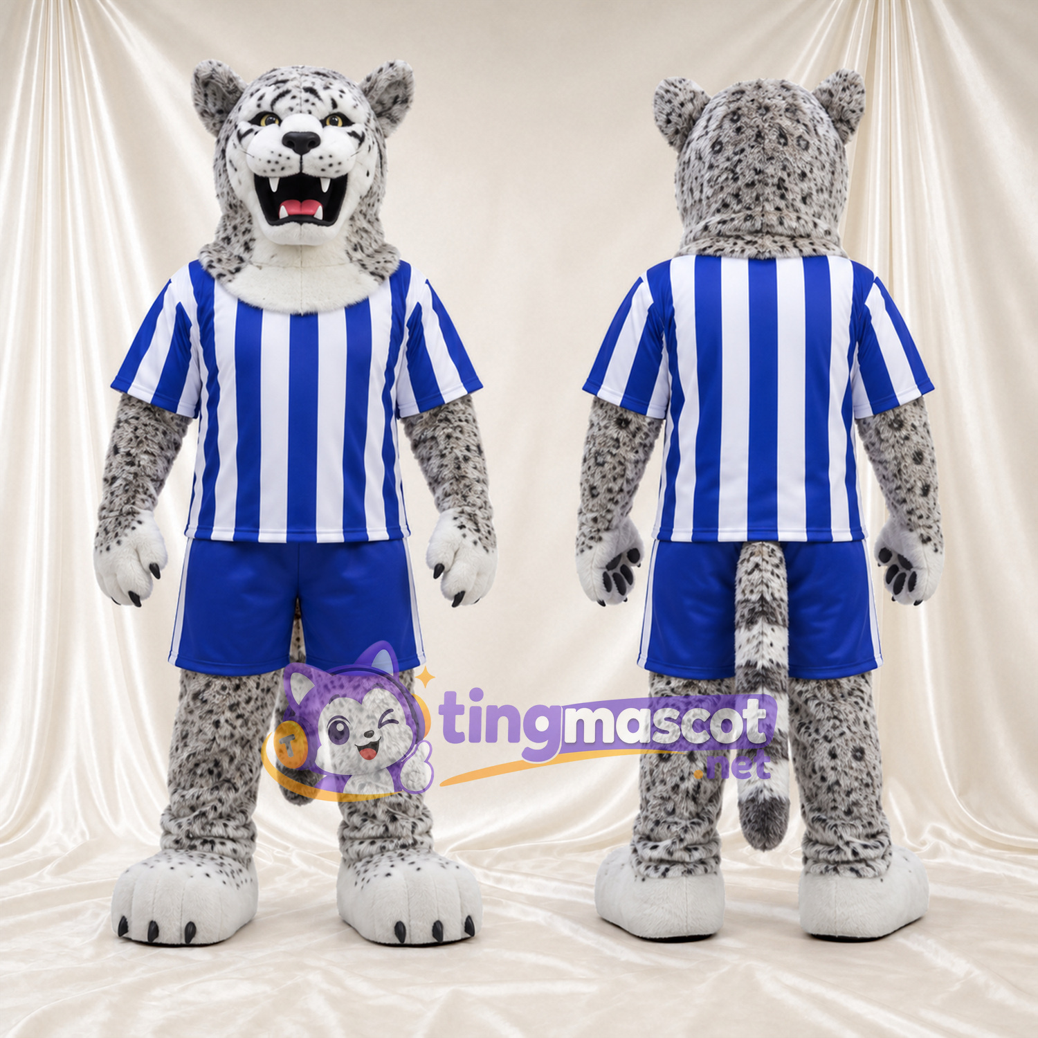 Costume de mascotte Léopard des neiges – blanc – Tenue de sport (bleu / blanc) Costume de mascotte Léopard des neiges – blanc – Tenue de sport (bleu / blanc)