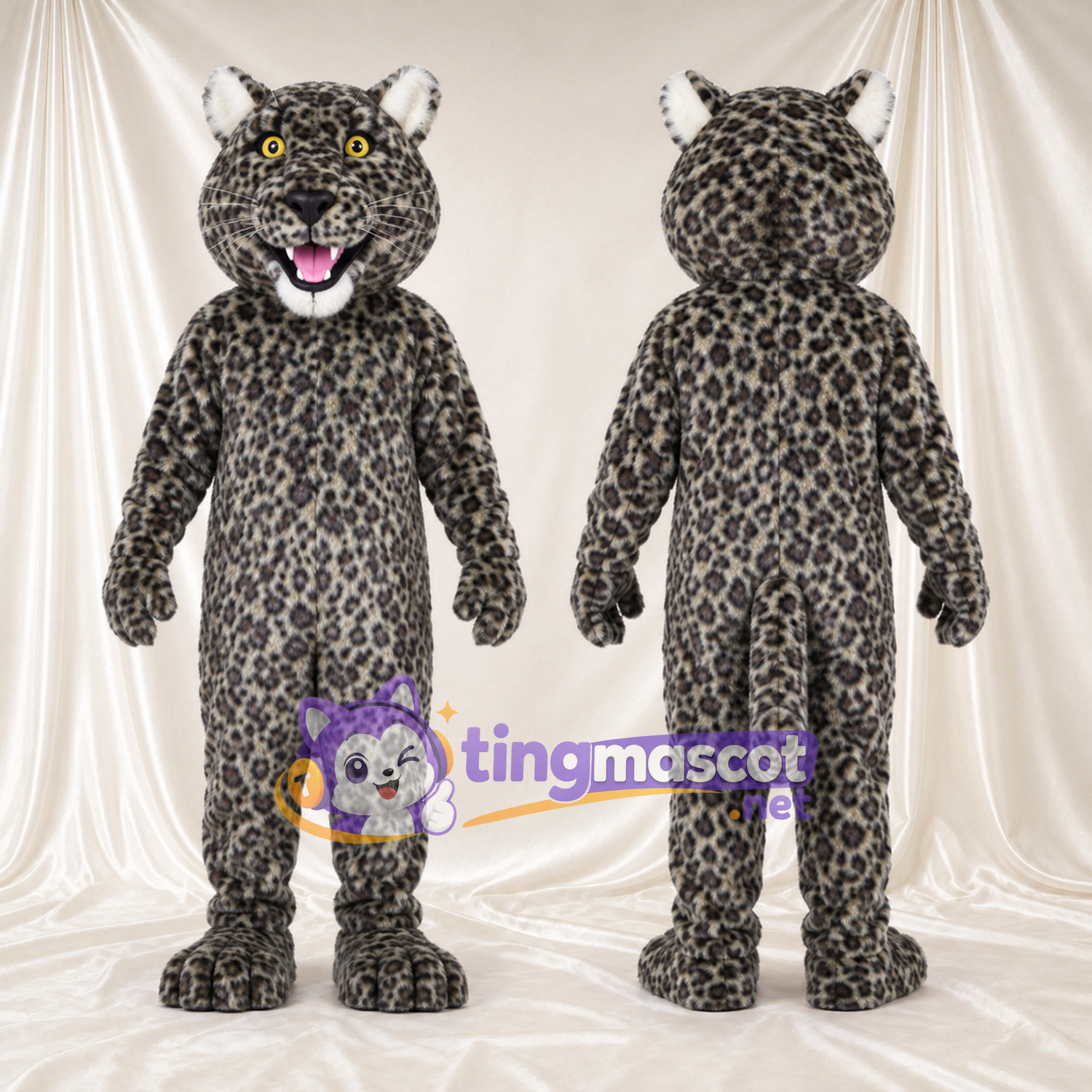 Costume de mascotte Léopard – gris – Yeux (jaune); Taches en rosettes Costume de mascotte Léopard – gris – Yeux (jaune); Taches en rosettes