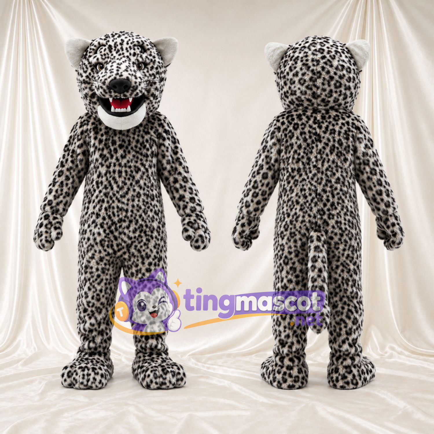 Costume de mascotte Léopard – gris – Crocs pointus; Taches en rosettes Costume de mascotte Léopard – gris – Crocs pointus; Taches en rosettes