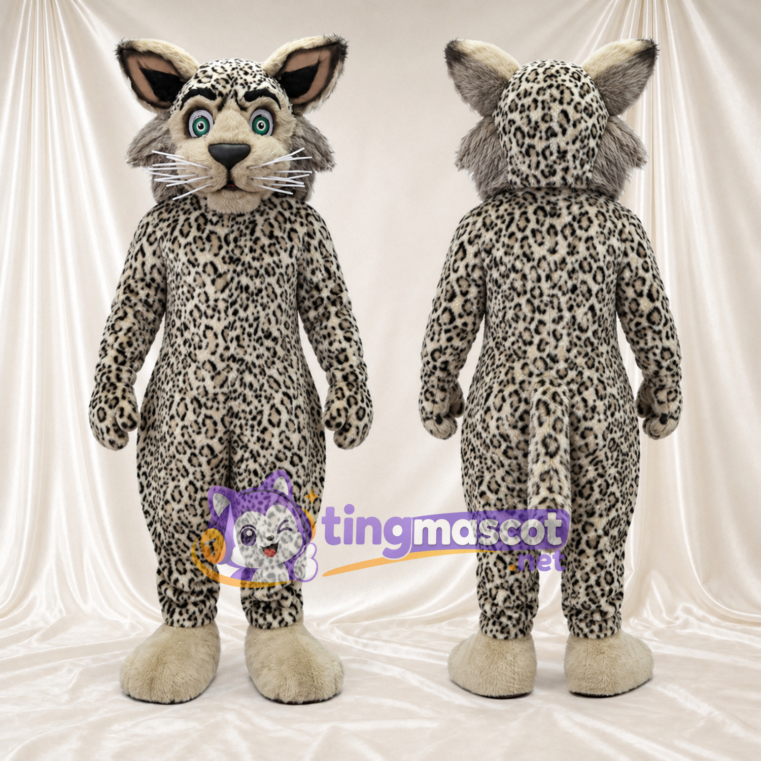 Costume de mascotte Léopard – gris – Longues oreilles; Pieds (crème) Costume de mascotte Léopard – gris – Longues oreilles; Pieds (crème)