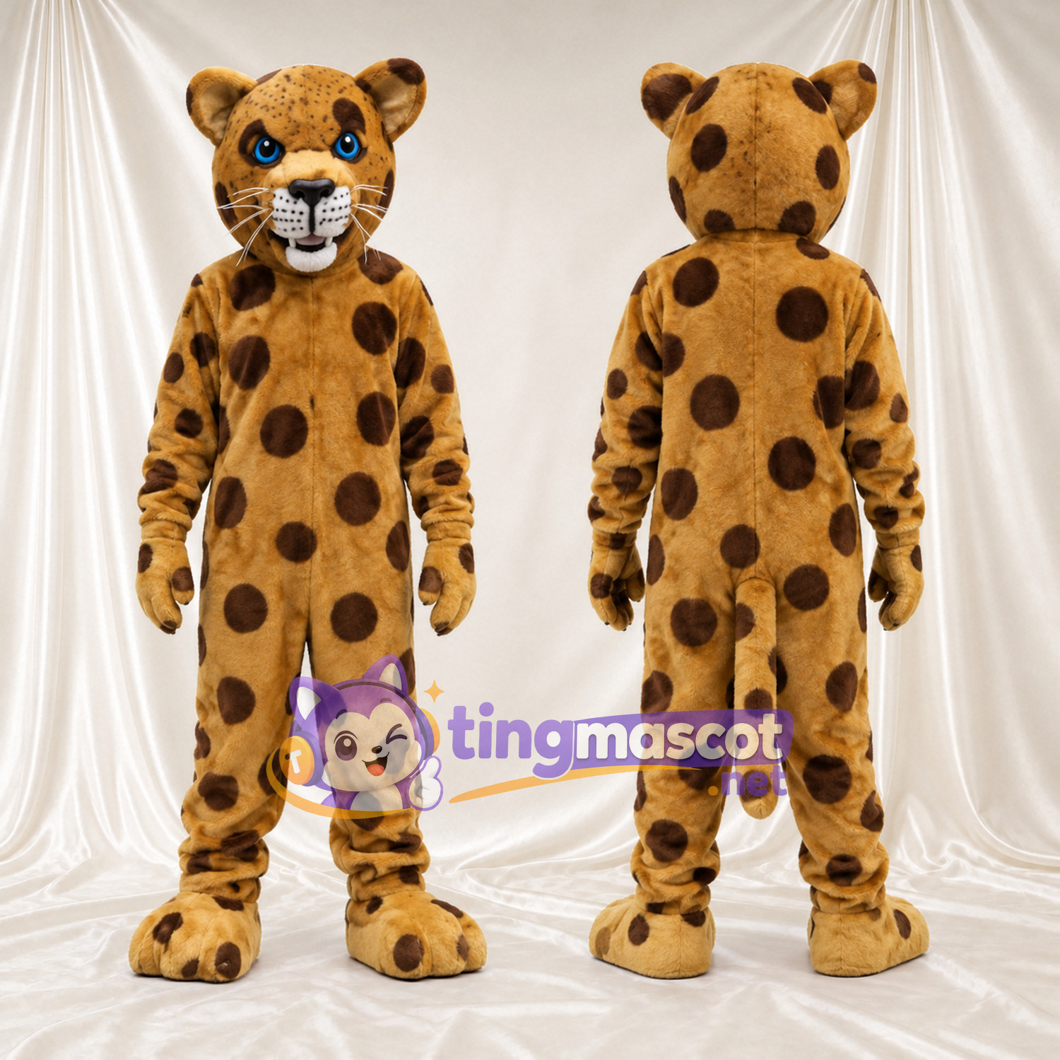 Costume de mascotte Léopard – brun clair – Yeux (bleu); Taches Costume de mascotte Léopard – brun clair – Yeux (bleu); Taches