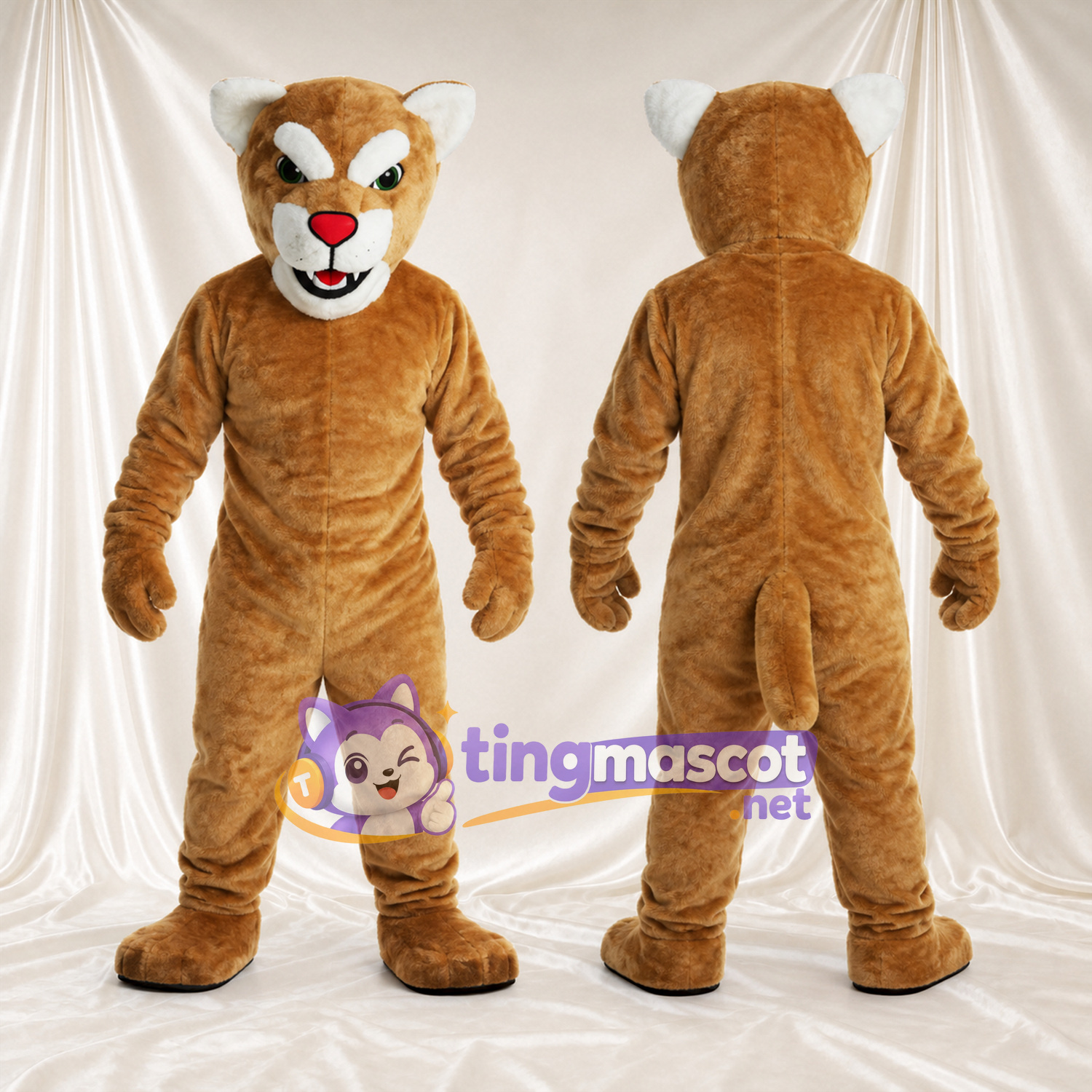 Costume de mascotte Puma – brun clair – Museau (blanc); Nez (rouge) Costume de mascotte Puma – brun clair – Museau (blanc); Nez (rouge)