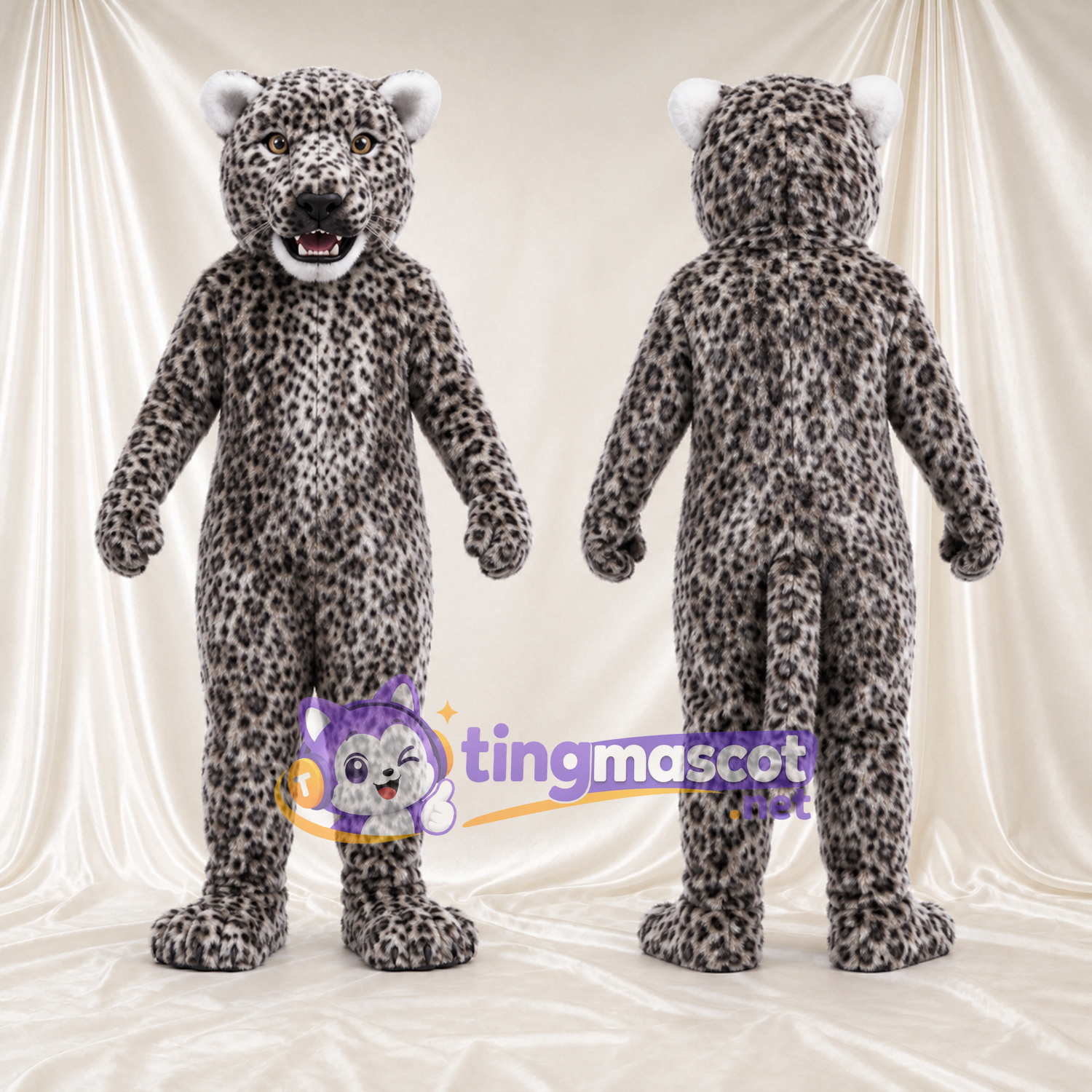 Costume de mascotte Léopard – gris – Bouche ouverte; Taches en rosettes Costume de mascotte Léopard – gris – Bouche ouverte; Taches en rosettes
