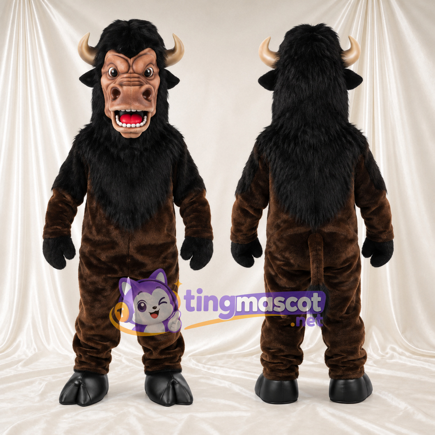 Maskottchenkostüm Büffel – braun – Mähne (schwarz); Offener Mund Maskottchenkostüm Büffel – braun – Mähne (schwarz); Offener Mund