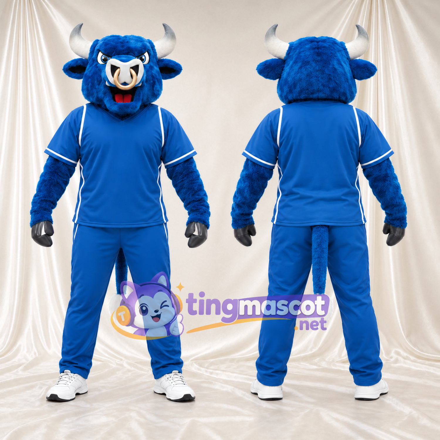 Costume de mascotte Taureau – bleu – Tenue de sport (bleu); Cornes (blanc) Costume de mascotte Taureau – bleu – Tenue de sport (bleu); Cornes (blanc)