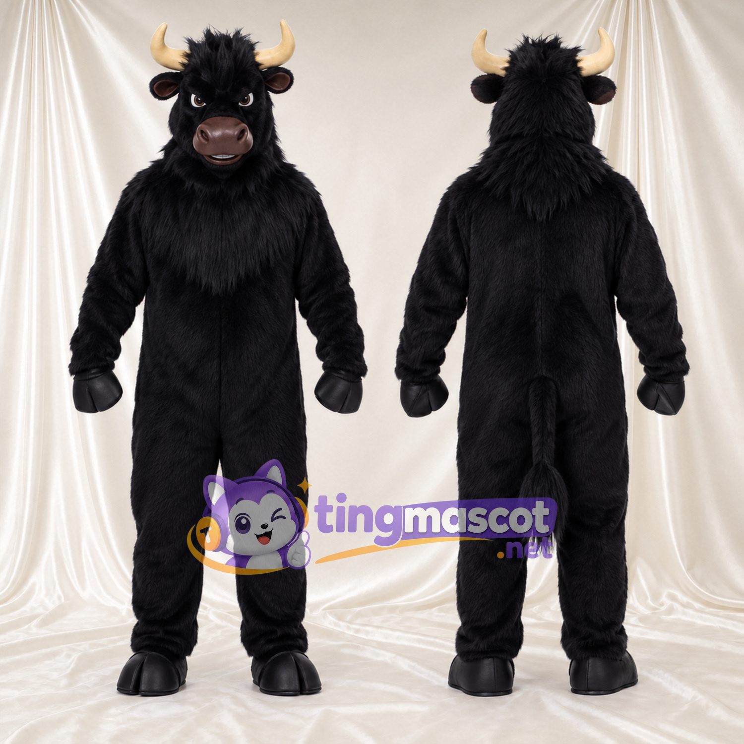 Black Buffalo Mascot Costume - Tan Horns and Shaggy Black Neck Ruff Black Buffalo Mascot Costume - Tan Horns and Shaggy Black Neck Ruff