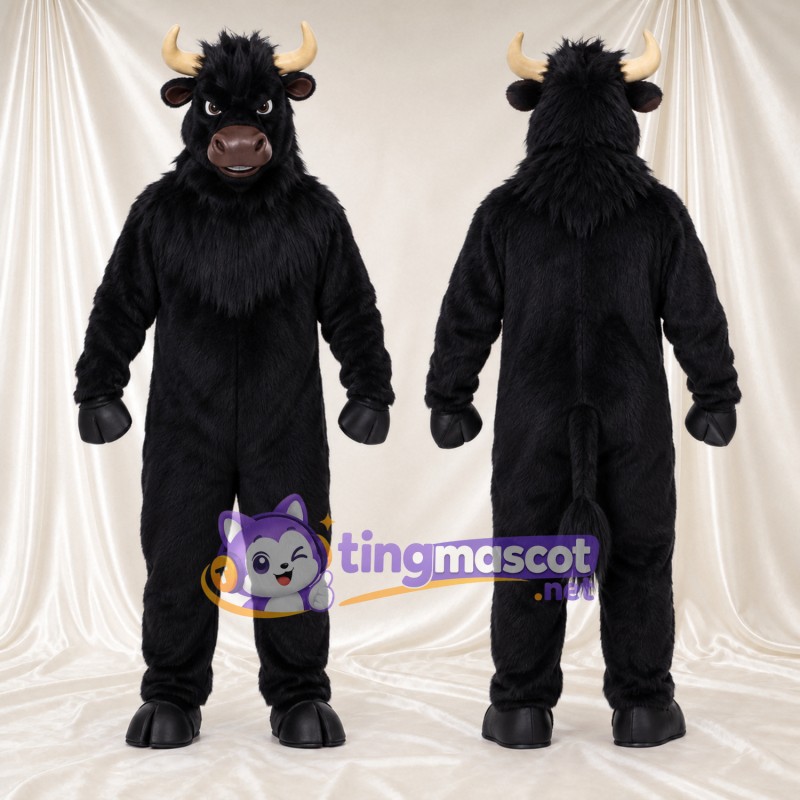 Black Buffalo Mascot Costume - Tan Horns and Shaggy Black Neck Ruff