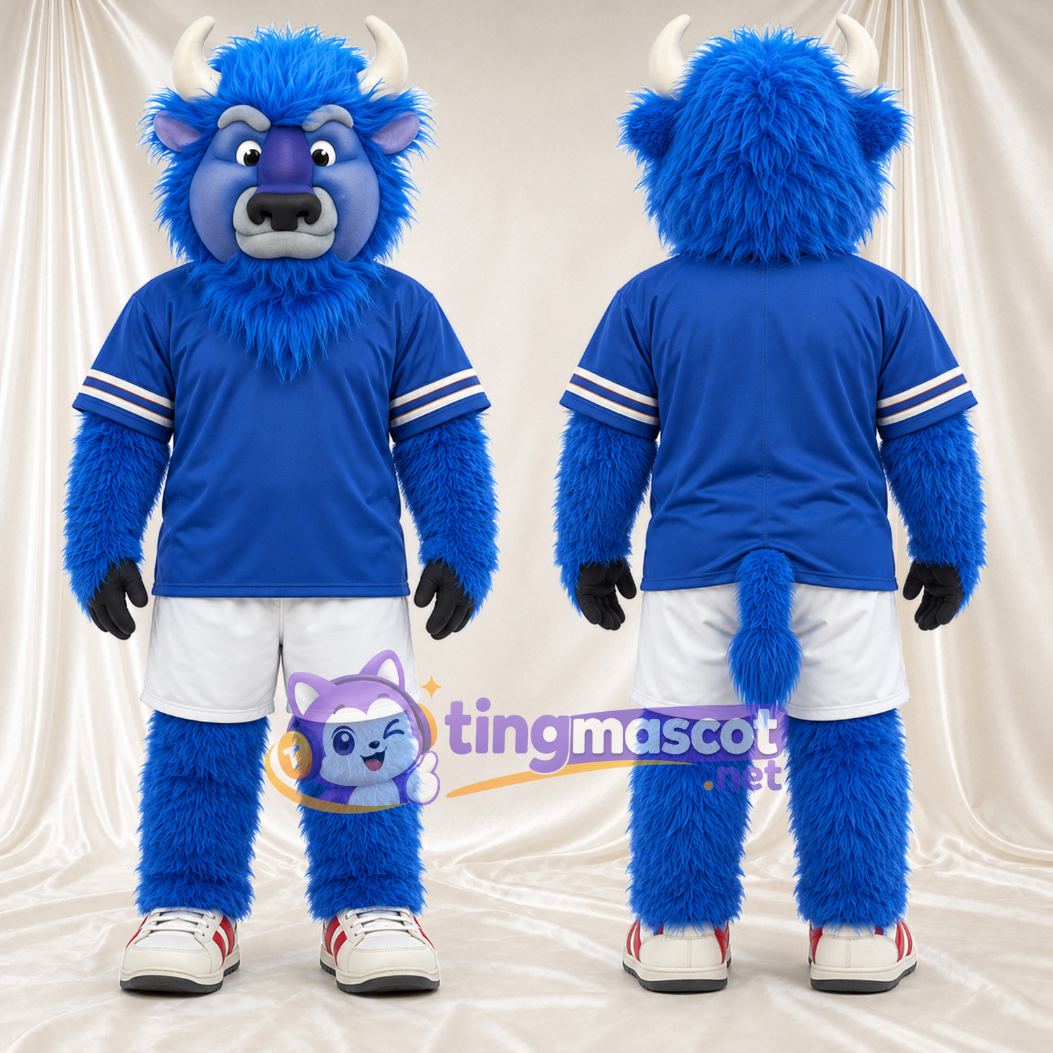 Maskottchenkostüm Stier – blau – Hemd (blau); Shorts (weiß)