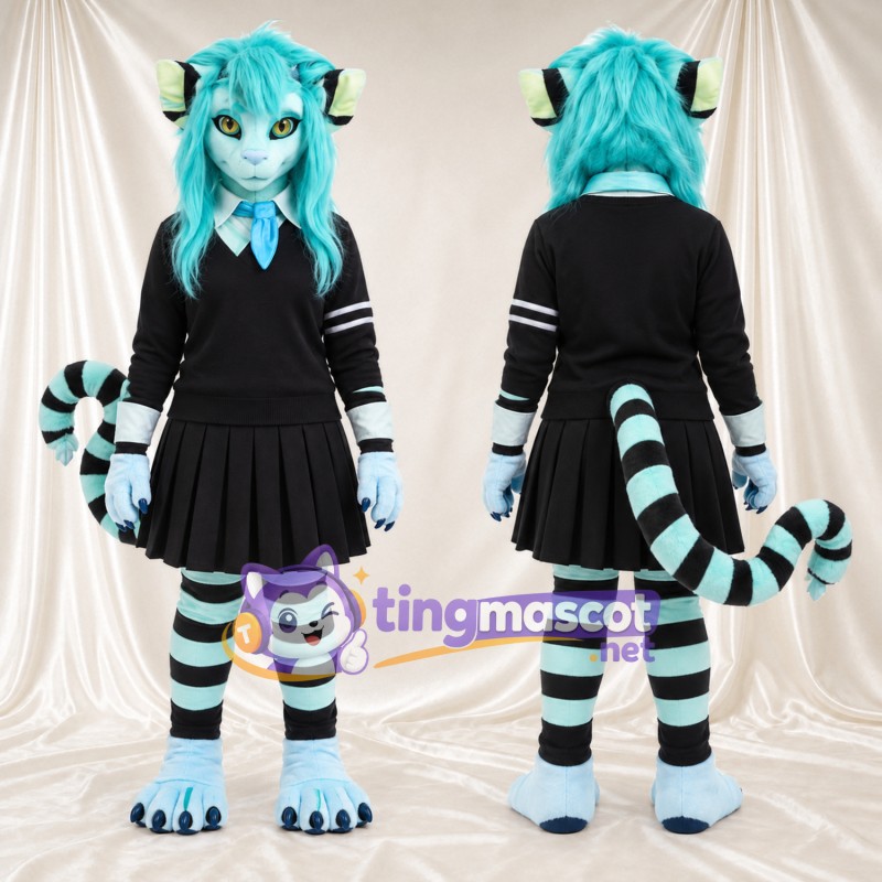 Maskottchenkostüm Katzenmädchen – blau / schwarz – Haare (blau); Outfit (schwarz)