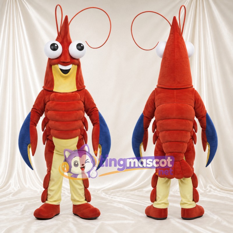 Costume de mascotte Homard – rouge – Griffes (bleu); Jambes (crème)