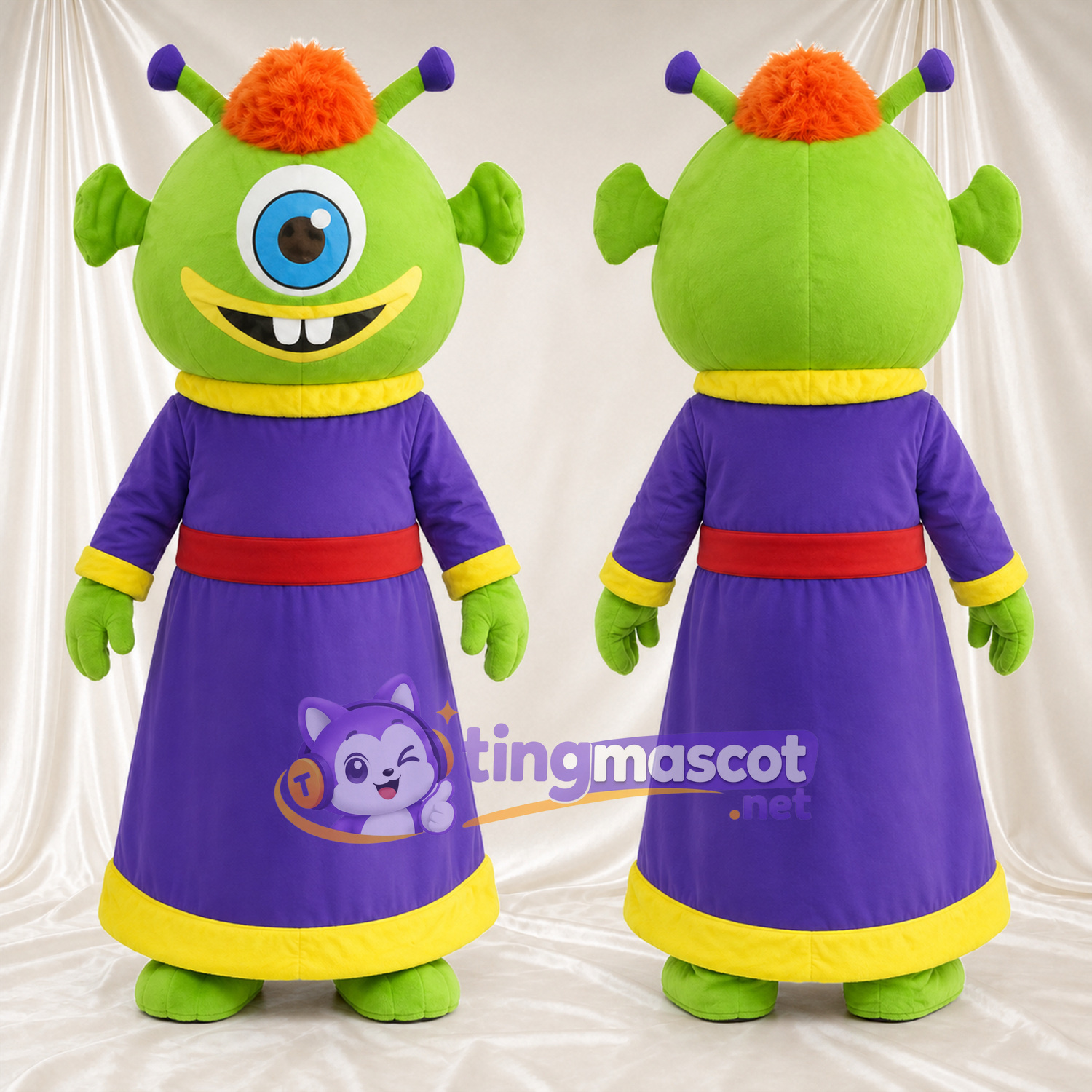 Maskottchenkostüm Einäugiger Alien – grün – Robe (violett) Maskottchenkostüm Einäugiger Alien – grün – Robe (violett)