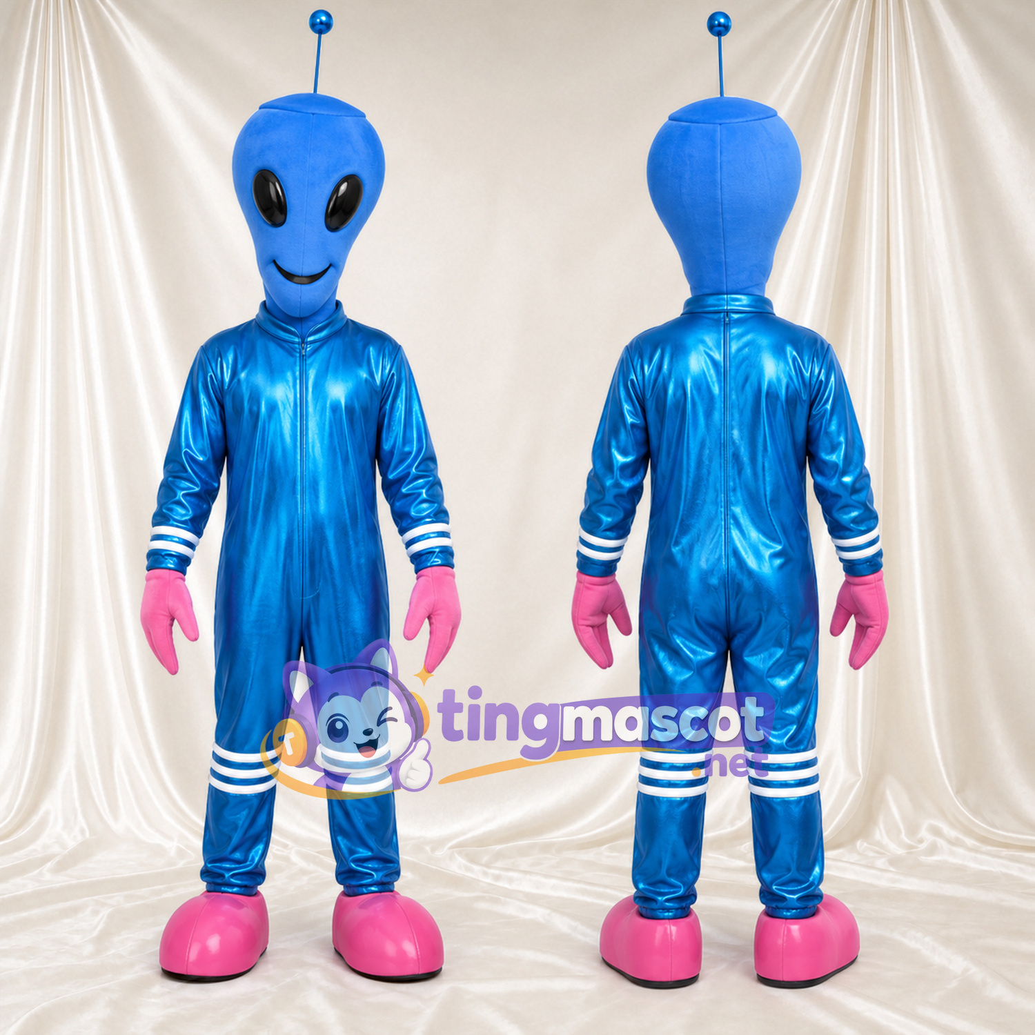 Blue Alien Mascot Costume - Pink Gloves and Boots Blue Alien Mascot Costume - Pink Gloves and Boots