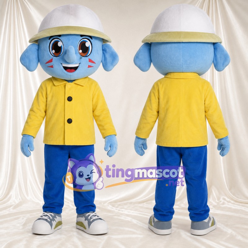 Blue Alien Mascot Costume - Yellow Jacket and White Hat