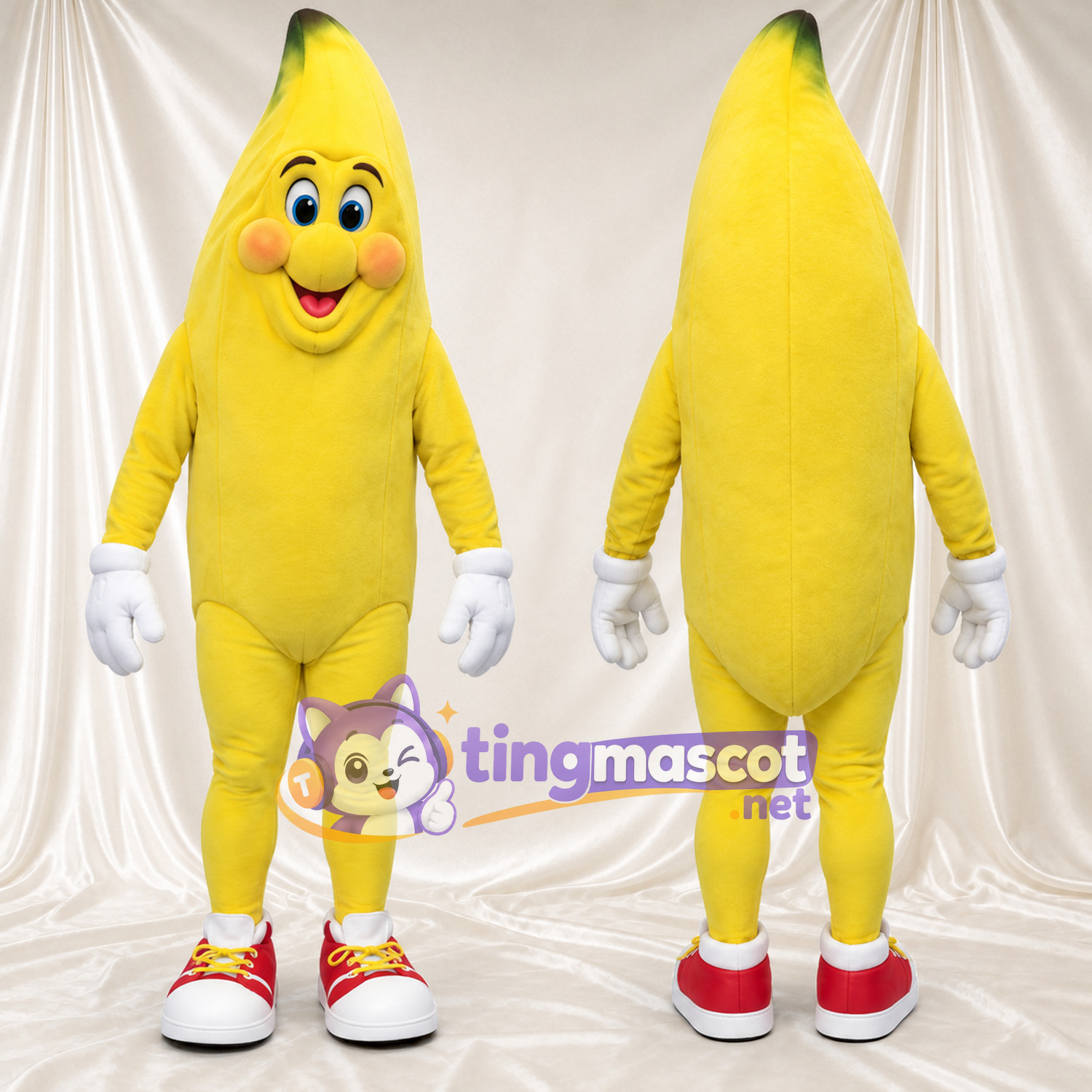 Yellow Banana Mascot Costume - Pink Cheeks and Red Sneakers Yellow Banana Mascot Costume - Pink Cheeks and Red Sneakers