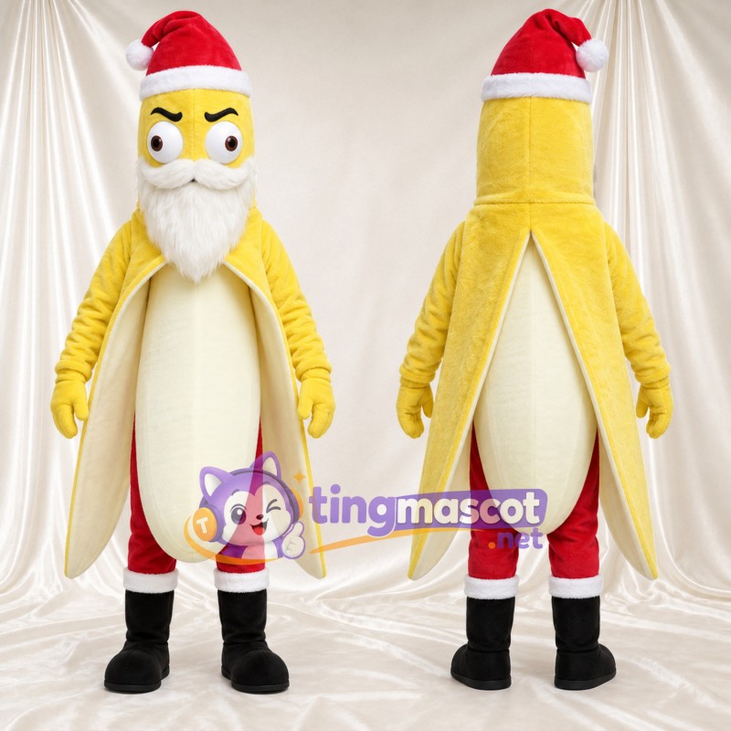 Maskottchenkostüm Banane – gelb – Weihnachtsmütze; Bart