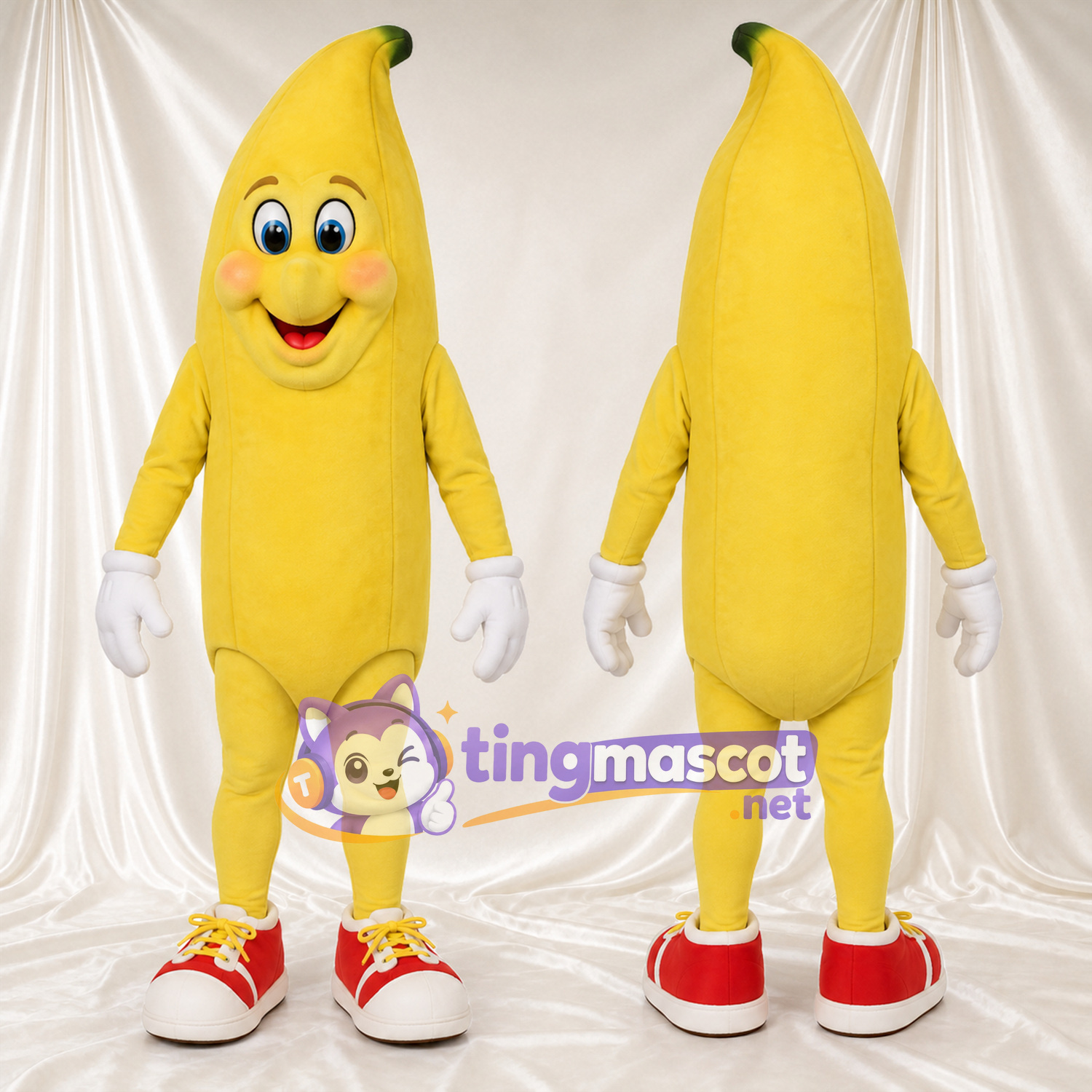 Maskottchenkostüm Banane – gelb – Handschuhe (weiß); Sneaker (rot) Maskottchenkostüm Banane – gelb – Handschuhe (weiß); Sneaker (rot)