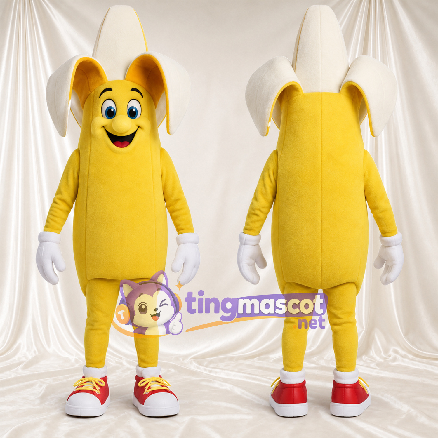 Yellow Banana Mascot Costume - Peeled Top and Red Sneakers Yellow Banana Mascot Costume - Peeled Top and Red Sneakers