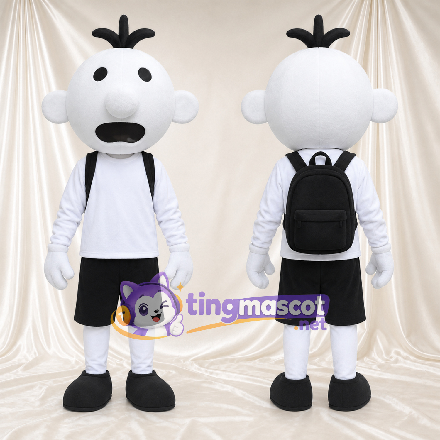 Costume de mascotte Garçon cartoon – blanc – Chemise (blanc); Short (noir) Costume de mascotte Garçon cartoon – blanc – Chemise (blanc); Short (noir)