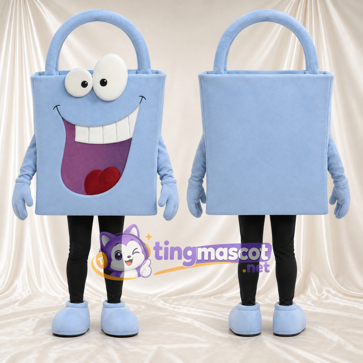 Maskottchenkostüm Einkaufstasche – blau – Breites Zahngrinsen; Beine (schwarz) Maskottchenkostüm Einkaufstasche – blau – Breites Zahngrinsen; Beine (schwarz)