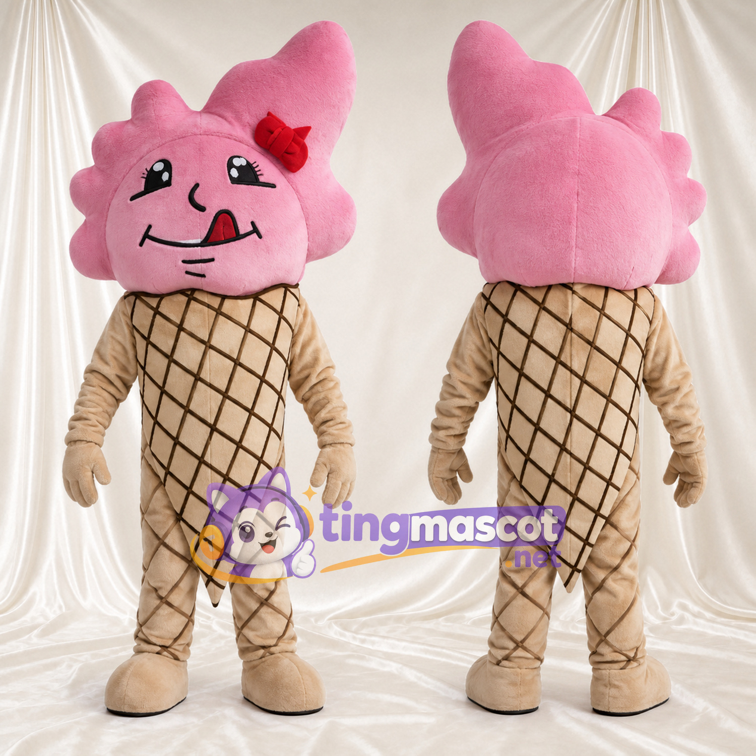 Maskottchenkostüm Eiscreme – rosa – Schleife (rot); Waffelmuster Maskottchenkostüm Eiscreme – rosa – Schleife (rot); Waffelmuster