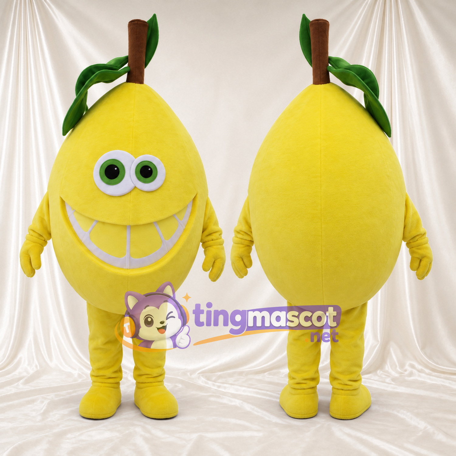 Costume de mascotte Citron – jaune – Sourire avec dents; Feuilles au sommet (vert) Costume de mascotte Citron – jaune – Sourire avec dents; Feuilles au sommet (vert)