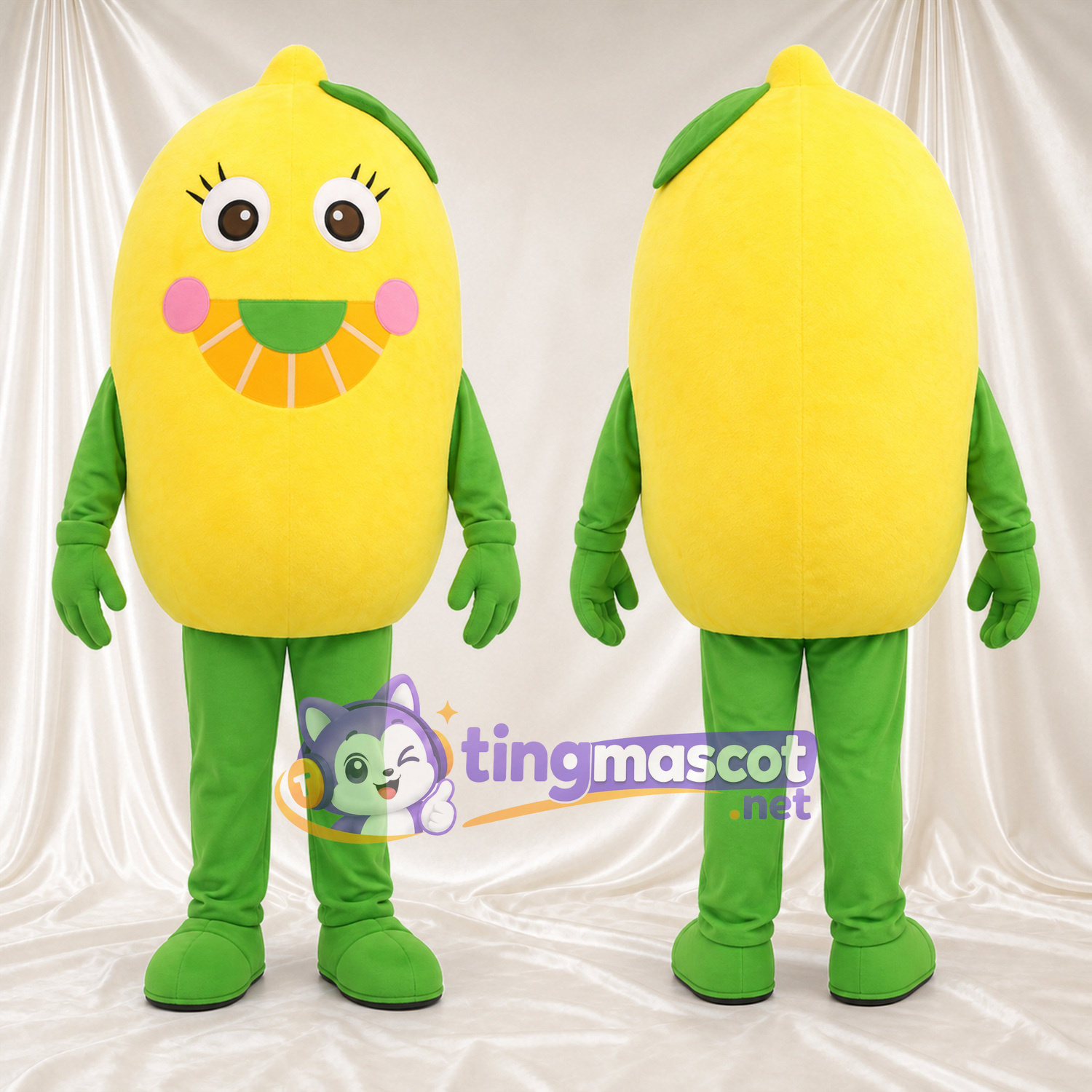 Costume de mascotte Citron – jaune – Jambes (vert); Joues (rose) Costume de mascotte Citron – jaune – Jambes (vert); Joues (rose)