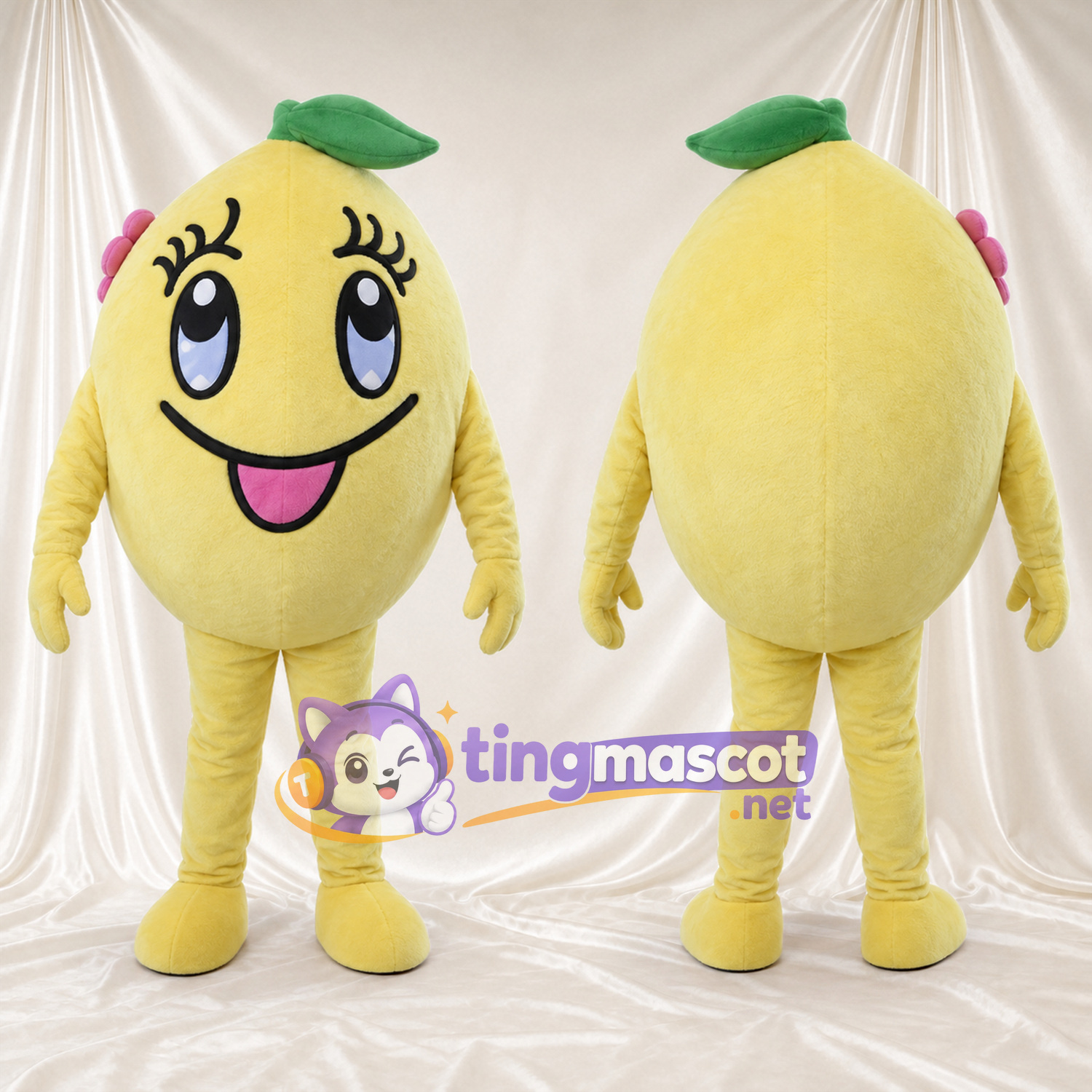 Costume de mascotte Citron – jaune – Feuilles au sommet (vert); Cils Costume de mascotte Citron – jaune – Feuilles au sommet (vert); Cils