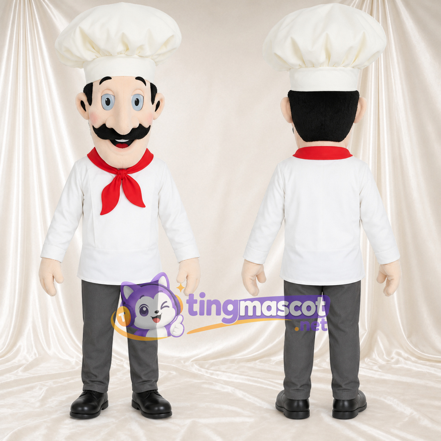 Chef Mascot Costume - White Jacket and Red Neck Scarf, White Chef Hat and Black Beard Chef Mascot Costume - White Jacket and Red Neck Scarf, White Chef Hat and Black Beard