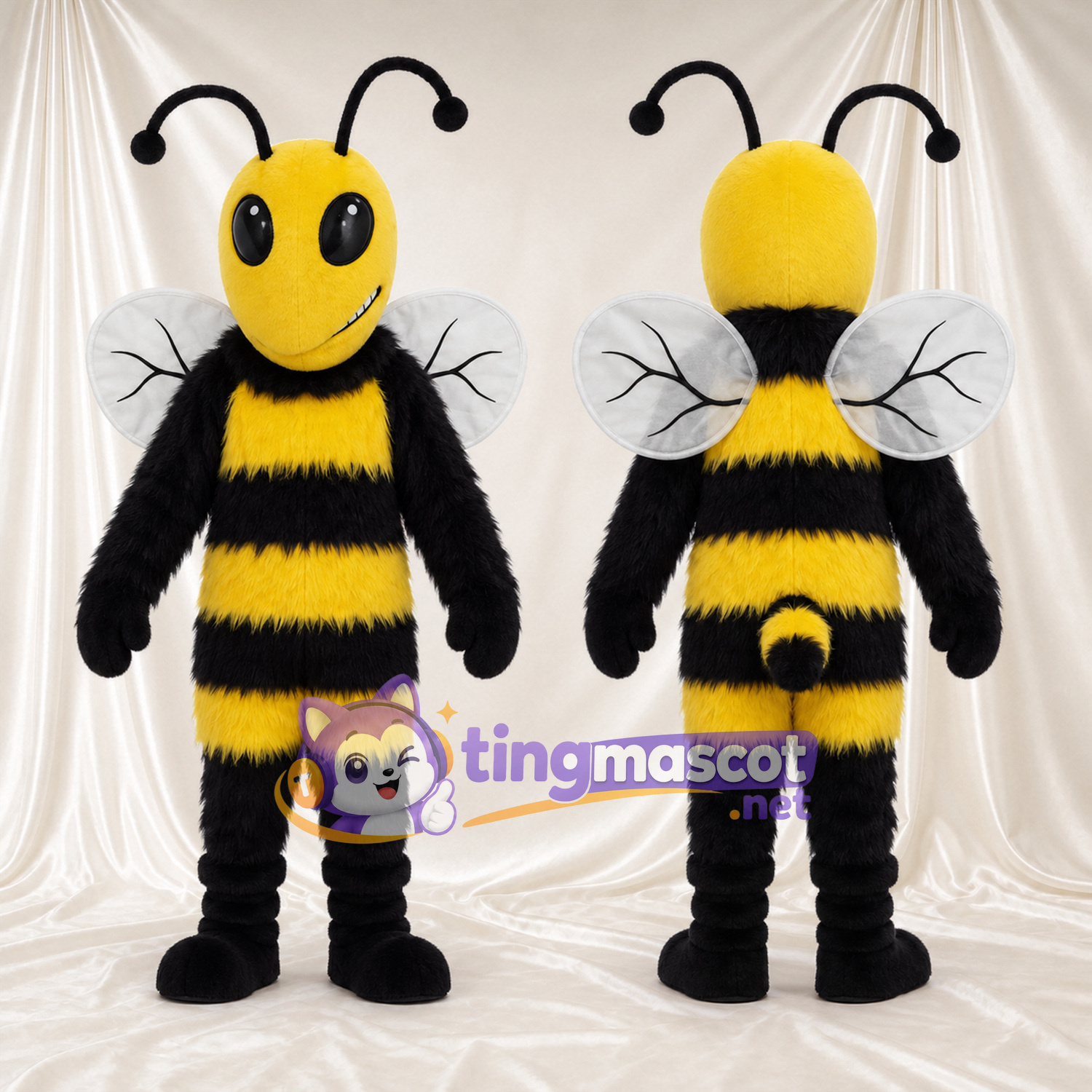 Maskottchenkostüm Biene – gelb / schwarz – Zottelfell; Flügelspitzen (weiß) Maskottchenkostüm Biene – gelb / schwarz – Zottelfell; Flügelspitzen (weiß)