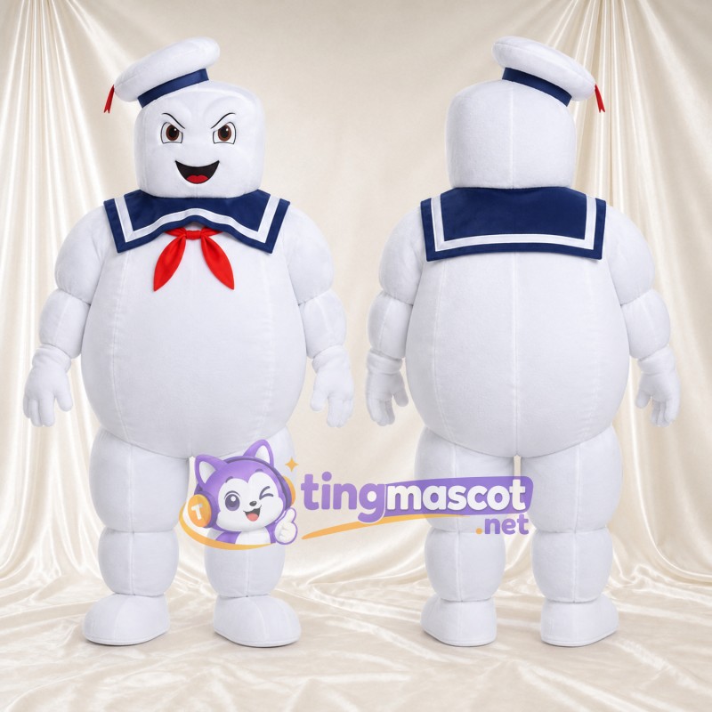 Costume de mascotte Bibendum Chamallow – blanc – Chapeau de marin; Col (bleu marine)