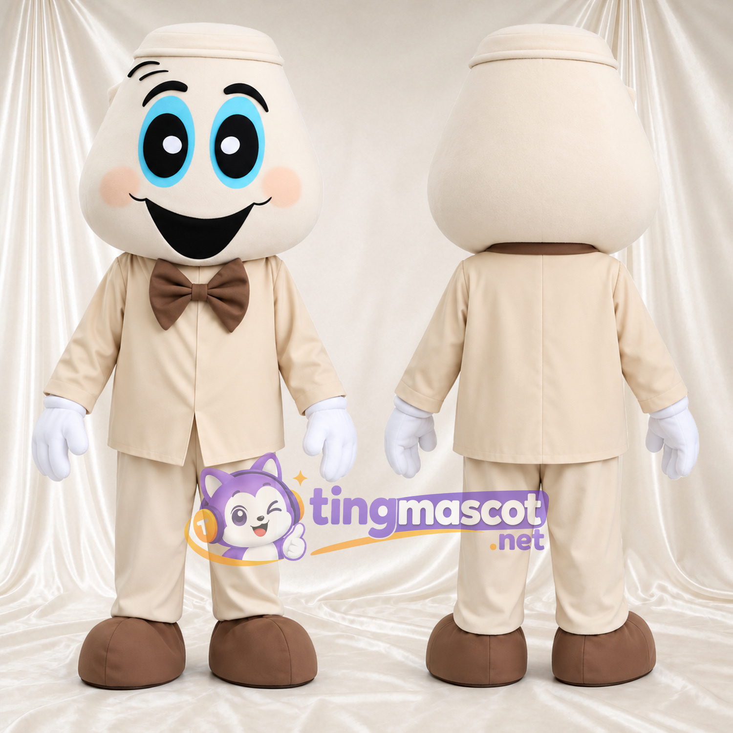 Maskottchenkostüm Geist – creme – Anzug (creme); Fliege (braun) Maskottchenkostüm Geist – creme – Anzug (creme); Fliege (braun)