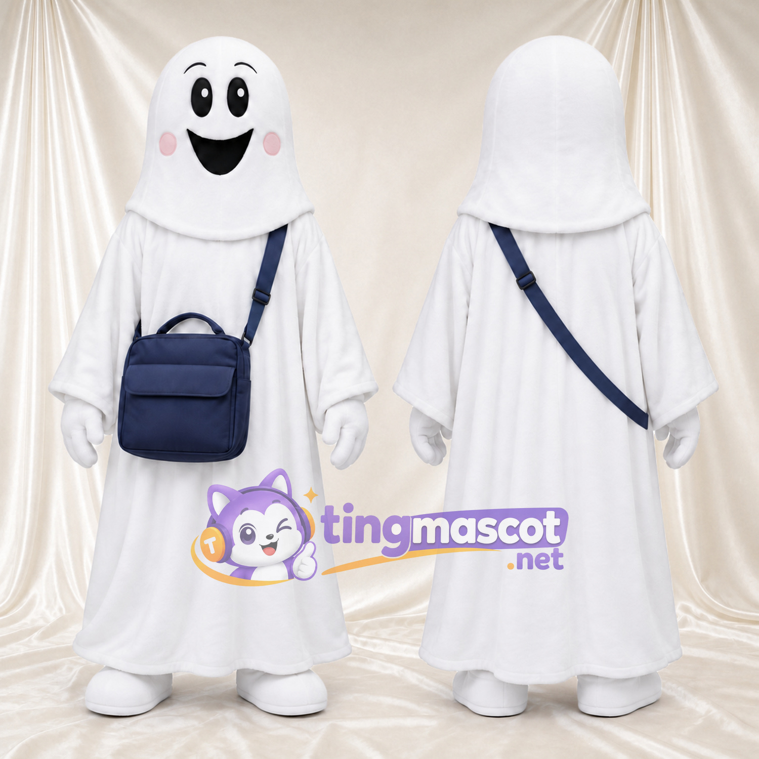 Maskottchenkostüm Geist – weiß – Umhängetasche (marineblau) Maskottchenkostüm Geist – weiß – Umhängetasche (marineblau)