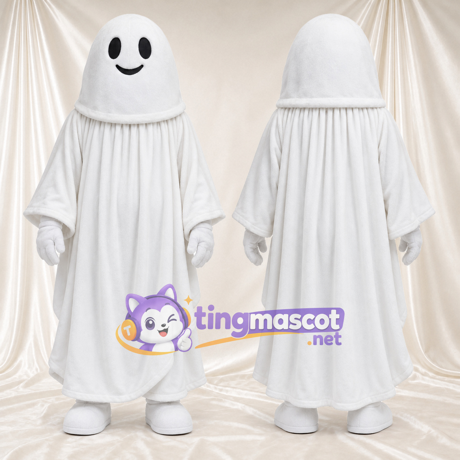 Costume de mascotte Fantôme – blanc – Gants (blanc); Tunique longue Costume de mascotte Fantôme – blanc – Gants (blanc); Tunique longue