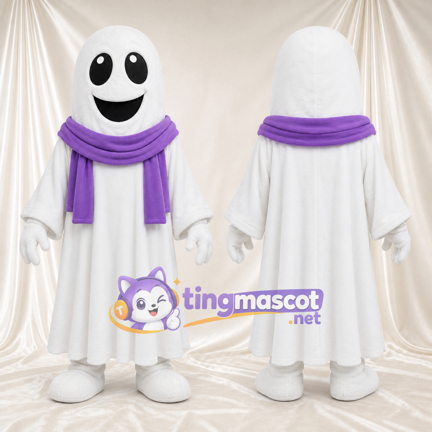 Costume de mascotte Fantôme – blanc – Écharpe (violet) Costume de mascotte Fantôme – blanc – Écharpe (violet)