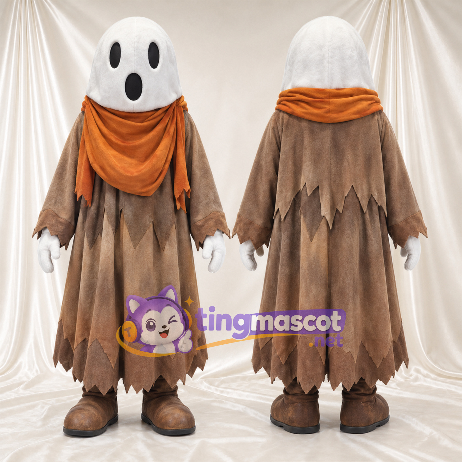 Maskottchenkostüm Geist – braun – Robe (braun); Schal (orange) Maskottchenkostüm Geist – braun – Robe (braun); Schal (orange)