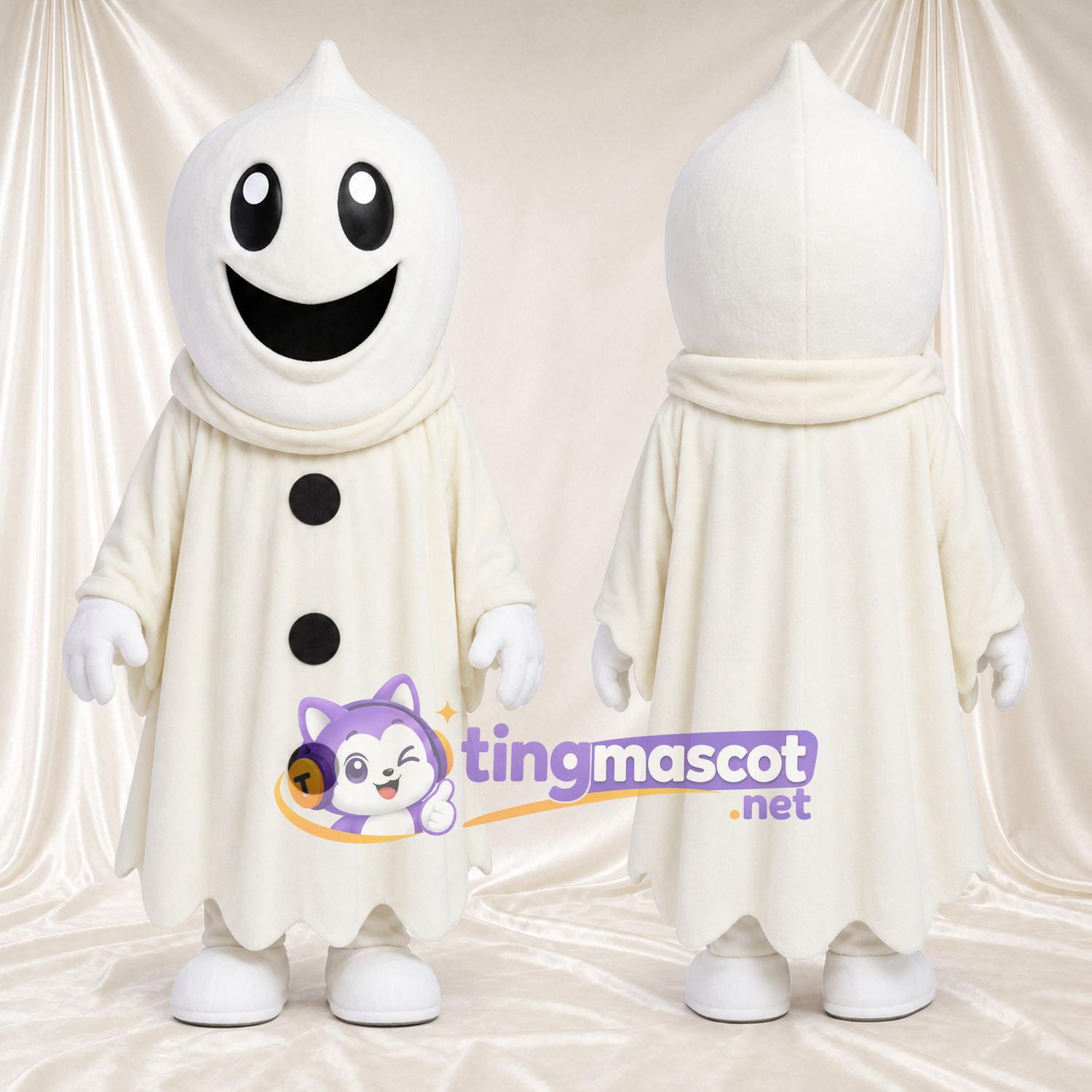 Maskottchenkostüm Geist – creme – Knöpfe (schwarz); Robe Maskottchenkostüm Geist – creme – Knöpfe (schwarz); Robe