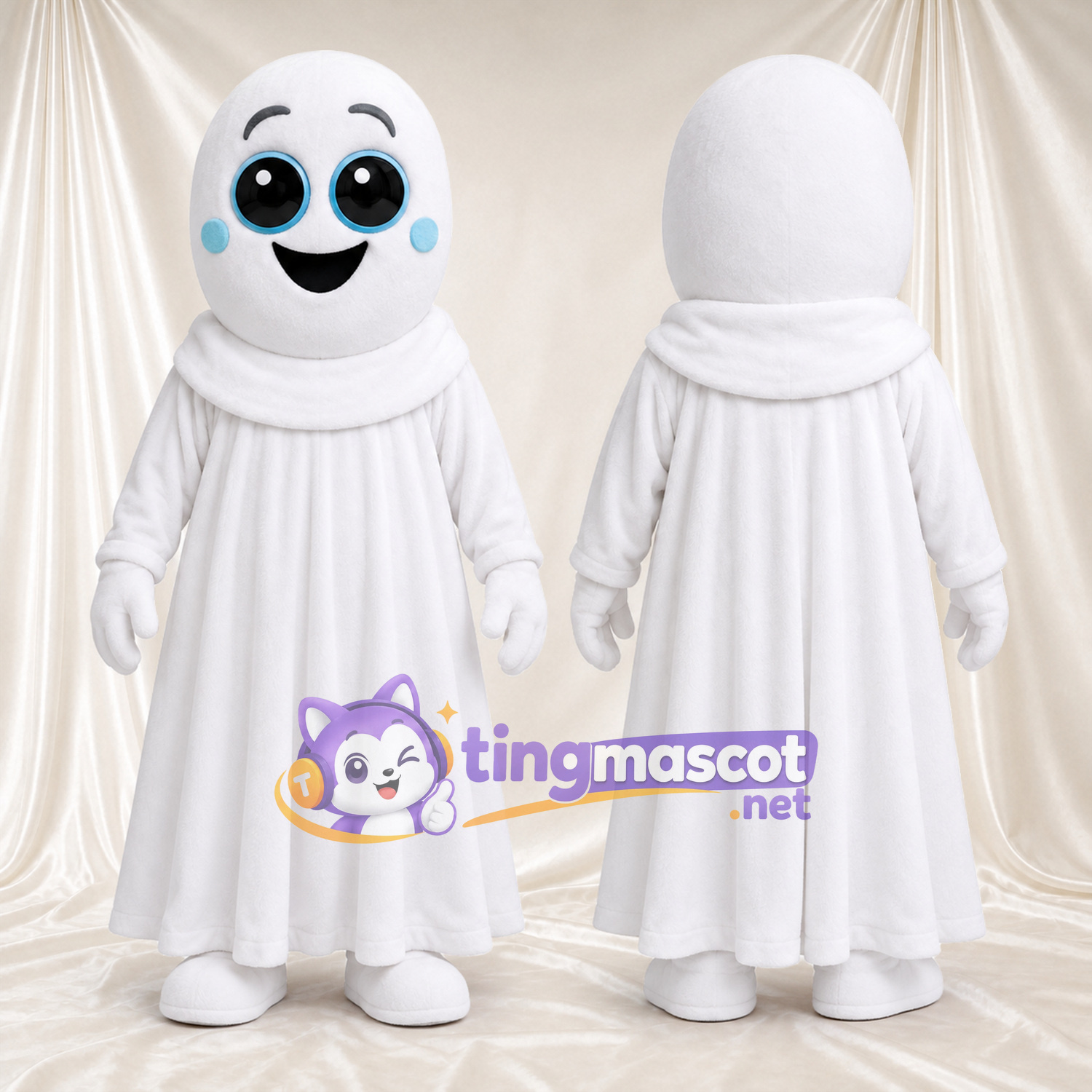 White Ghost Mascot Costume - Blue Cheeks and Long Draped Robe White Ghost Mascot Costume - Blue Cheeks and Long Draped Robe
