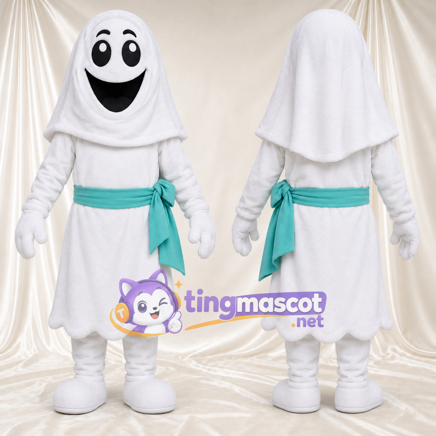 Costume de mascotte Fantôme – blanc – Écharpe en bandoulière (turquoise) Costume de mascotte Fantôme – blanc – Écharpe en bandoulière (turquoise)