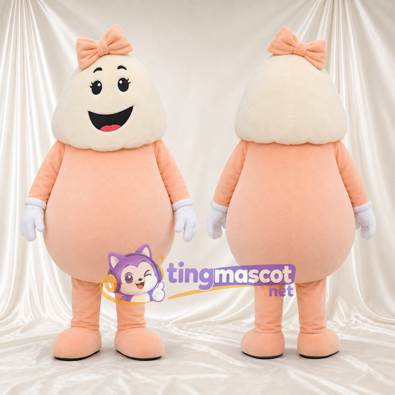 Maskottchenkostüm Dessertfigur – pfirsichfarben / creme – Schleife (pfirsichfarben); Handschuhe (weiß) Maskottchenkostüm Dessertfigur – pfirsichfarben / creme – Schleife (pfirsichfarben); Handschuhe (weiß)