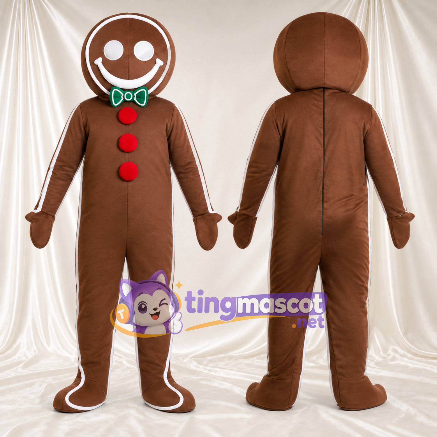 Brown Gingerbread Man Mascot Costume - Green Bow Tie and Red Buttons Brown Gingerbread Man Mascot Costume - Green Bow Tie and Red Buttons