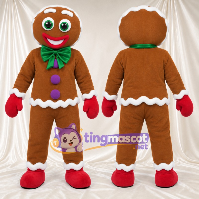 Brown Gingerbread Man Mascot Costume - Green Bow Tie and Purple Buttons