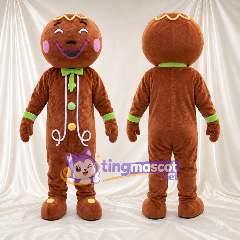 Costume de mascotte Bonhomme en pain d’épices – marron – Manchettes (vert); Décor de glaçage (jaune)