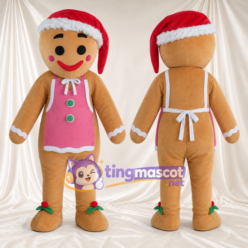 Costume de mascotte Bonhomme en pain d’épices – marron – Bonnet de Noël; Tablier (rose)