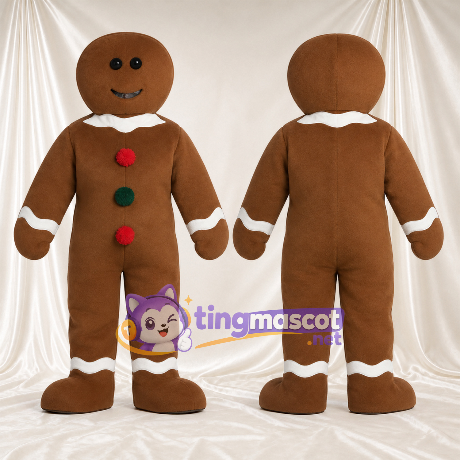 Costume de mascotte Bonhomme en pain d’épices – marron – Boutons (rouge / vert); Décor de glaçage (blanc) Costume de mascotte Bonhomme en pain d’épices – marron – Boutons (rouge / vert); Décor de glaçage (blanc)