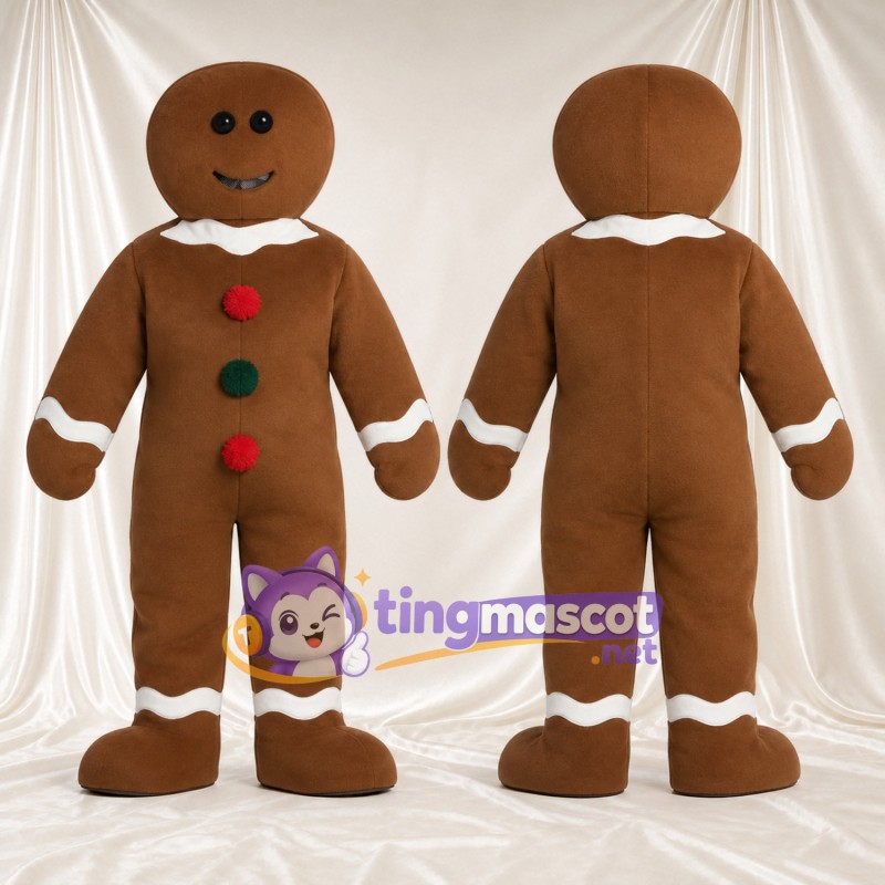 Costume de mascotte Bonhomme en pain d’épices – marron – Boutons (rouge / vert); Décor de glaçage (blanc)