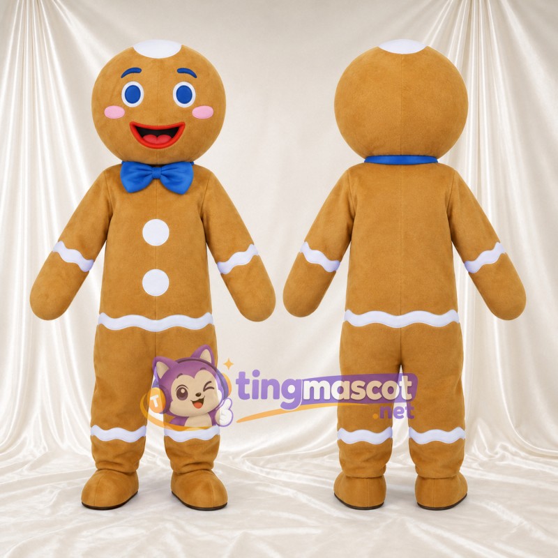 Brown Gingerbread Man Mascot Costume - Blue Bow Tie, Blue Eyes and White Buttons