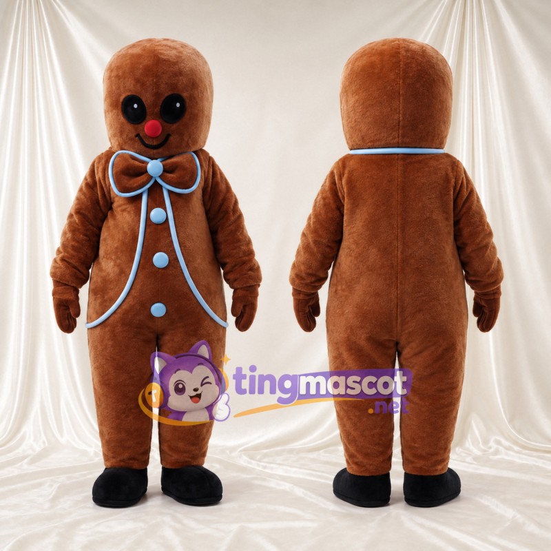 Brown Gingerbread Man Mascot Costume - Blue Bow Tie and Buttons