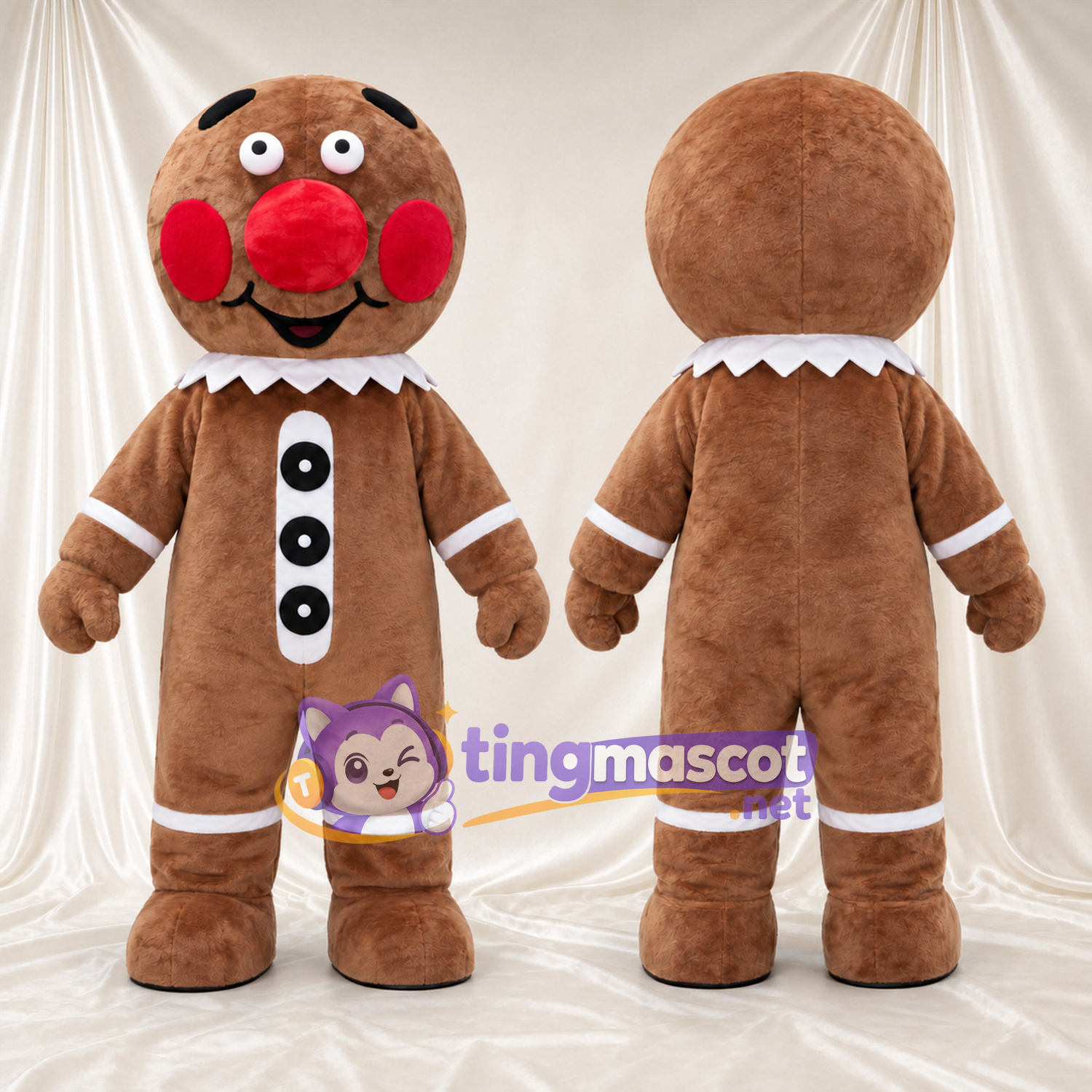Costume de mascotte Bonhomme en pain d’épices – marron – Nez (rouge); Boutons (noir)