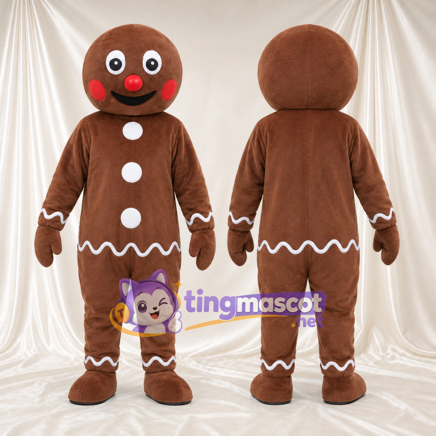 Brown Gingerbread Man Mascot Costume - Red Cheeks and White Buttons Brown Gingerbread Man Mascot Costume - Red Cheeks and White Buttons